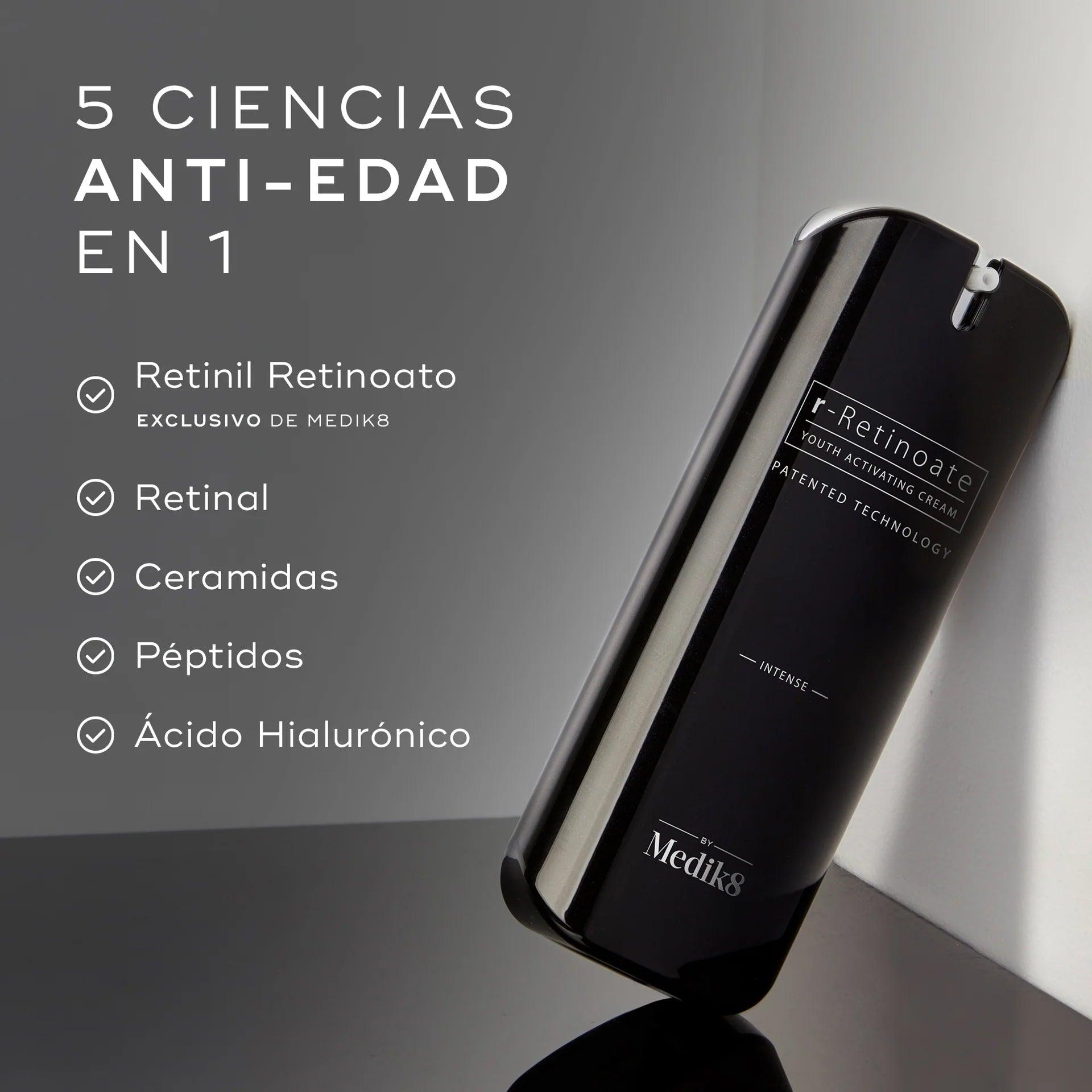 Una primicia en la tecnología del cuidado de la piel con vitamina A, r-Retinoate Intense entrelaza la innovadora molécula retinil retinoato con el retinaldehído (retinal) encapsulado en cristales, para obtener resultados antes inalcanzables. 